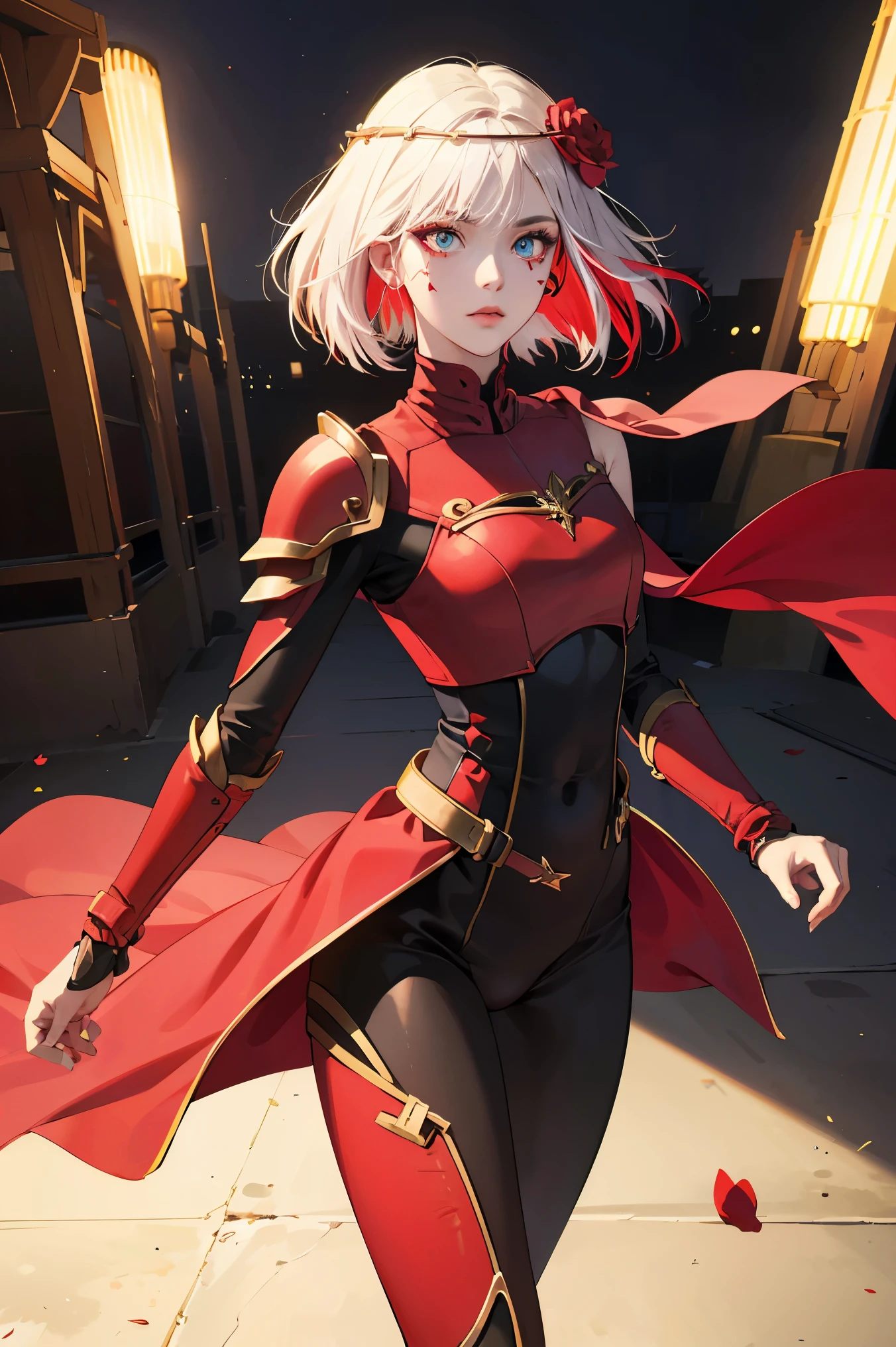 taktopdestiny, destiny, short hair, hair ornament, flower, white hair, red hair, multicolored hair, hair flower, rose, colored skin, facial mark, red flower, red rose, thorns,
BREAK (armor, bodysuit, pauldrons, purple bodysuit, shoulder armor, thighs, veil, black veil:1.2),
BREAK street, standing,
BREAK (masterpiece:1.2), best quality, high resolution, unity 8k wallpaper, (illustration:0.8), (beautiful detailed eyes:1.6), extremely detailed face, perfect lighting, extremely detailed CG, (perfect hands, perfect anatomy),