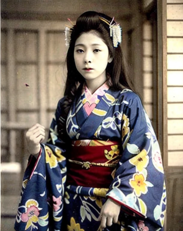 old woman, nose, alone, Long Hair, View Viewer, Black Hair, hair ornaments, Long sleeve, Exposing shoulders, Mouth closed, Are standing, Upper Body, Cowboy Shot, kimono, indoor, Wide sleeves, kimono, Iris, lips, sash, compensate, Skin of color, Traditional Media, Expressionless, heart, Floral print, lipstick, 青White skin, hand fan, White skin, hairpin, Realistic, Head ornament, Hairpin, Hairpin, faux Traditional Media, Art parody, comb, Tamamura