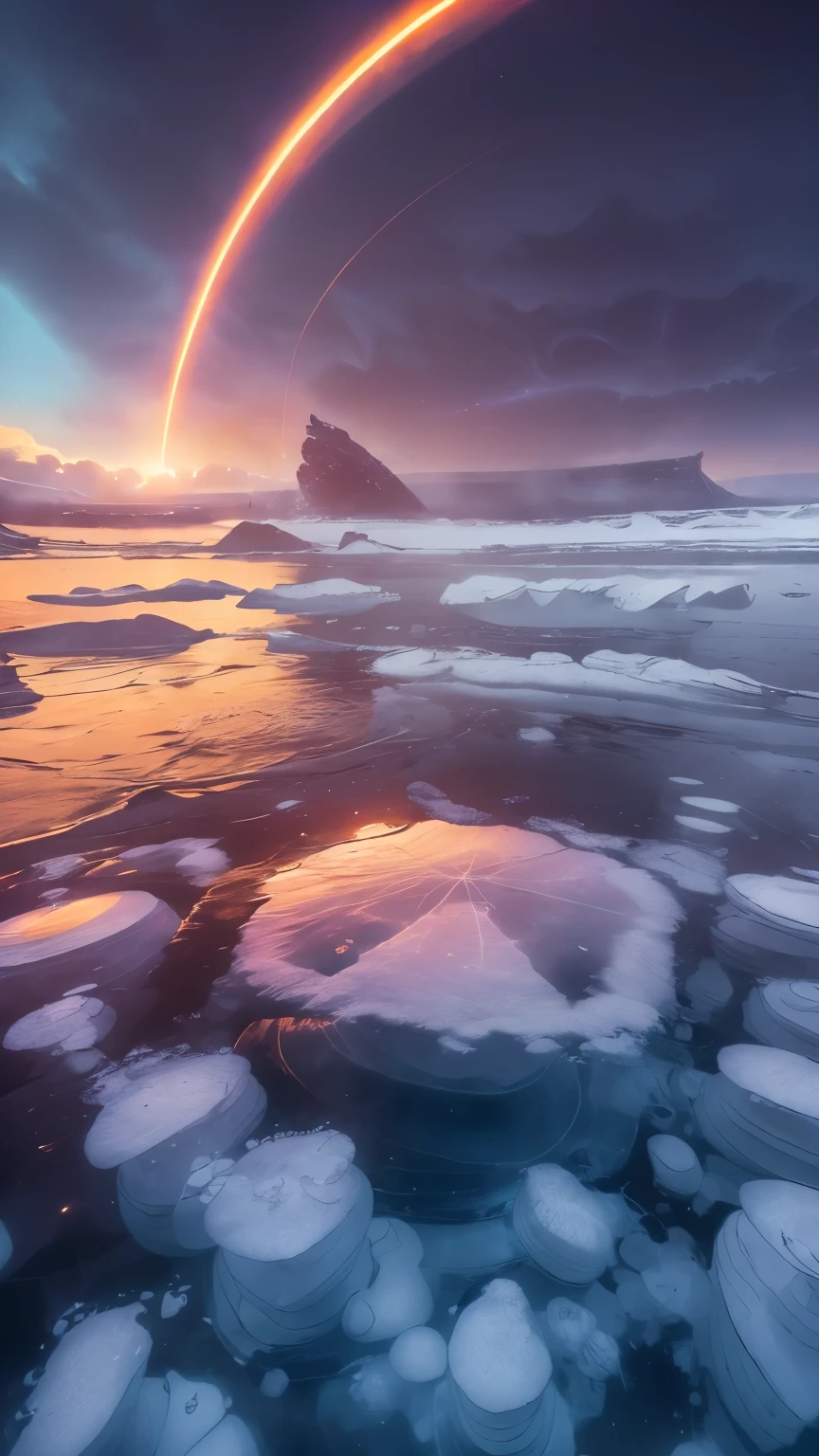 Tout en haut,  un léger arc de lumière s&#39;étendant à travers le ciel comme une large et mince bande de lumière, magnifique arc à travers le ciel , Se tenir sur la plage de l&#39;océan de méthane de Titan et contempler Saturne partiellement visible et ses anneaux dans le ciel serait une expérience extraordinaire et surréaliste.. : La plage elle-même serait composée de matériaux glacés et rocheux, avec un mélange d&#39;hydrocarbures gelés. Le sol serait solide sous les pieds mais avec une texture un peu semblable à celle d&#39;un sol très froid., sable ou gravier gelé., l&#39;océan serait composé de méthane liquide et d&#39;éthane. Les vagues, si présent, se laperait doucement contre le rivage, avec un évanouissement, bruit de clapotis. Le liquide apparaîtrait un peu clair mais avec un éclat légèrement huileux, reflétant la lumière tamisée,  Des nuages de méthane et d’éthane pourraient dériver dans le ciel, ajouter des couches de profondeur et de mouvement. Occasionnellement, vous pourriez être témoin d&#39;une douce pluie de méthane, avec de minuscules gouttelettes créant des ondulations à la surface de l&#39;océan et ajoutant une légère brume à l&#39;air. La palette de couleurs globale s&#39;étendrait des oranges et bruns profonds aux jaunes sourds.. Plus près de l&#39;horizon, la brume semblerait probablement plus sombre, presque de couleur rouille, tandis que le zénith (le point directement au-dessus) ce serait un briquet, orange plus brumeux., bulles de méthane gelées. Le ciel du titan apparaîtrait comme un ciel de couleur orange rougeâtre, les anneaux de Saturne apparaîtraient comme une pâle bande de lumière translucide , réfléchissant la lumière du soleil et apparaissant comme une faible lueur. Les vagues de méthane liquide caressent doucement le rivage, reflétant la lumière ambrée diffuse.