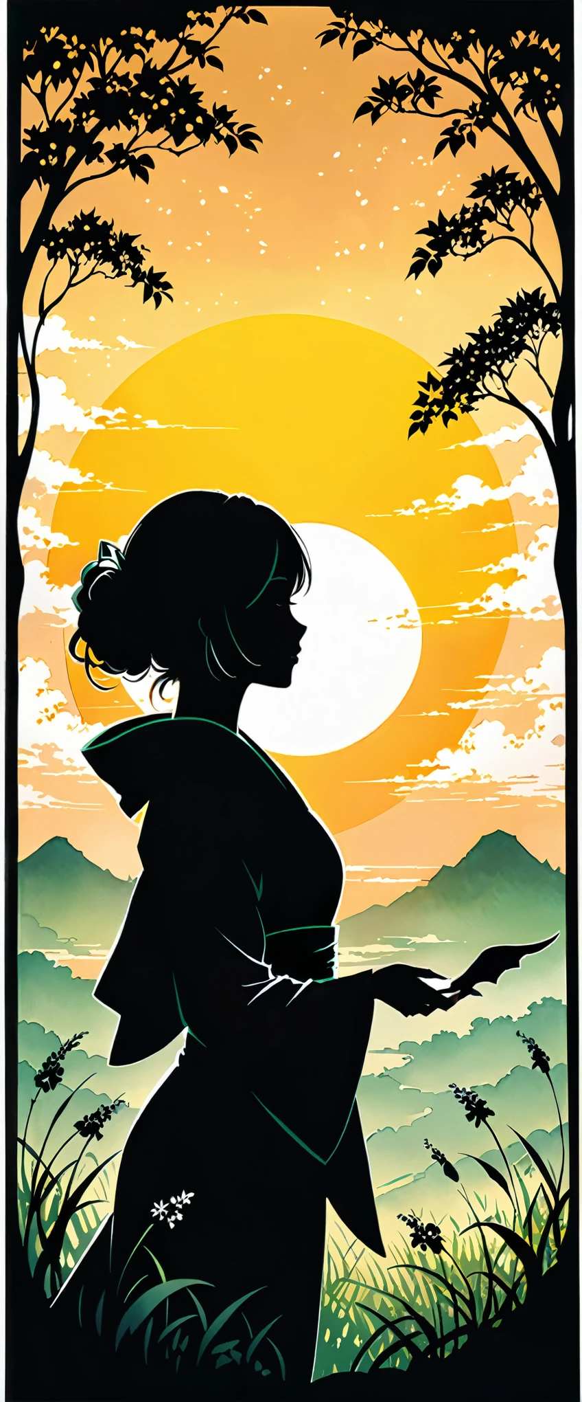 (Silhouette Art,cutouts:1.6) (((Paper cutting art,A world where only black exists:1.3) (Cowboy Shot),1 girl,Solo, (Kimono Girl,profile:1.2),white, Clear and beautiful face,Sunrise behind break (morning glow、Viola　green grass:1.1) Textured glass background,