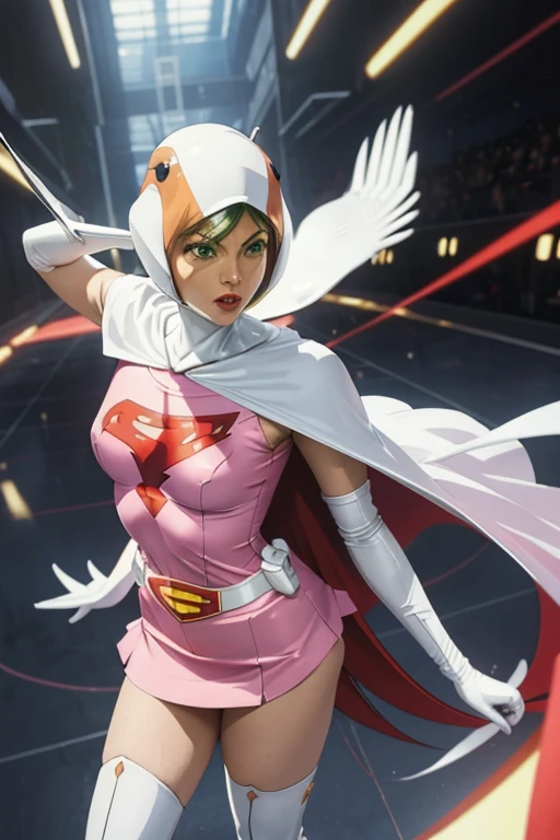straight, stop temporarily, Looking at the audience, break, (Retro art style:1.1) 
 ANI_CLASSIC_jun_gatchaman_ownwaifu, Jun the swan, 
Long Hair, chest, Green Eyes, lips, medium chest, Blonde Hair, lipstick, Compensate,
White legwear, Pink Dress, Superhero, Bodysuits, Cape, gloves, Helmet, belt, elbow gloves, white gloves, mask, skirt, leotard, White Stockings, Perfect for your skin, 
Official Art, High resolution, scenery, (masterpiece:1.1), (best quality,:1.1), (high quality:1.1), (Anime screenshots:1.2),