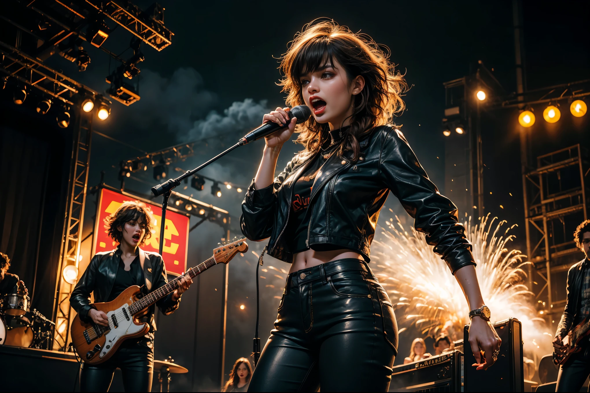 (Best Quality, 4K, 8K, High Resolution, Masterpiece: 1.2), Ultra Detailed, (Actual, Photo Actual, Photo Actual: 1.37), Rock Star, Singer, Guitar, Uniform, Black, Tight, Gold Accents, Space Walk, Hysterical Singing, Stage Lights, Rebellious, Bright Colors, Energetic Performance, Electric Ambiance, Loud Music, Screaming Fans, Huge Speakers, Heavy Explosions, Dynamic Pose, Smoke and Fog Effects, Expressive Face, Rotating Lights, Flash, Dark Background, Edgy Style, Wild Hair, Microphone Stand, Guitar Vocal Dissonance, Rock Music, Celebrity, Electric Guitar Solo, Huge Concert Stage, Stage Swing, Condescending, Emotional Intensity, Big Heavy Drum Beat, Electric Energy, Stage Fireworks, Powerful Vocal Performance, Stadium Full, Thousands of Fans, Roaring Crowd, Flash, Electric Ambiance, Sweaty Energetic Performance, Legendary Figure, Acting Skills, Standing Ovation