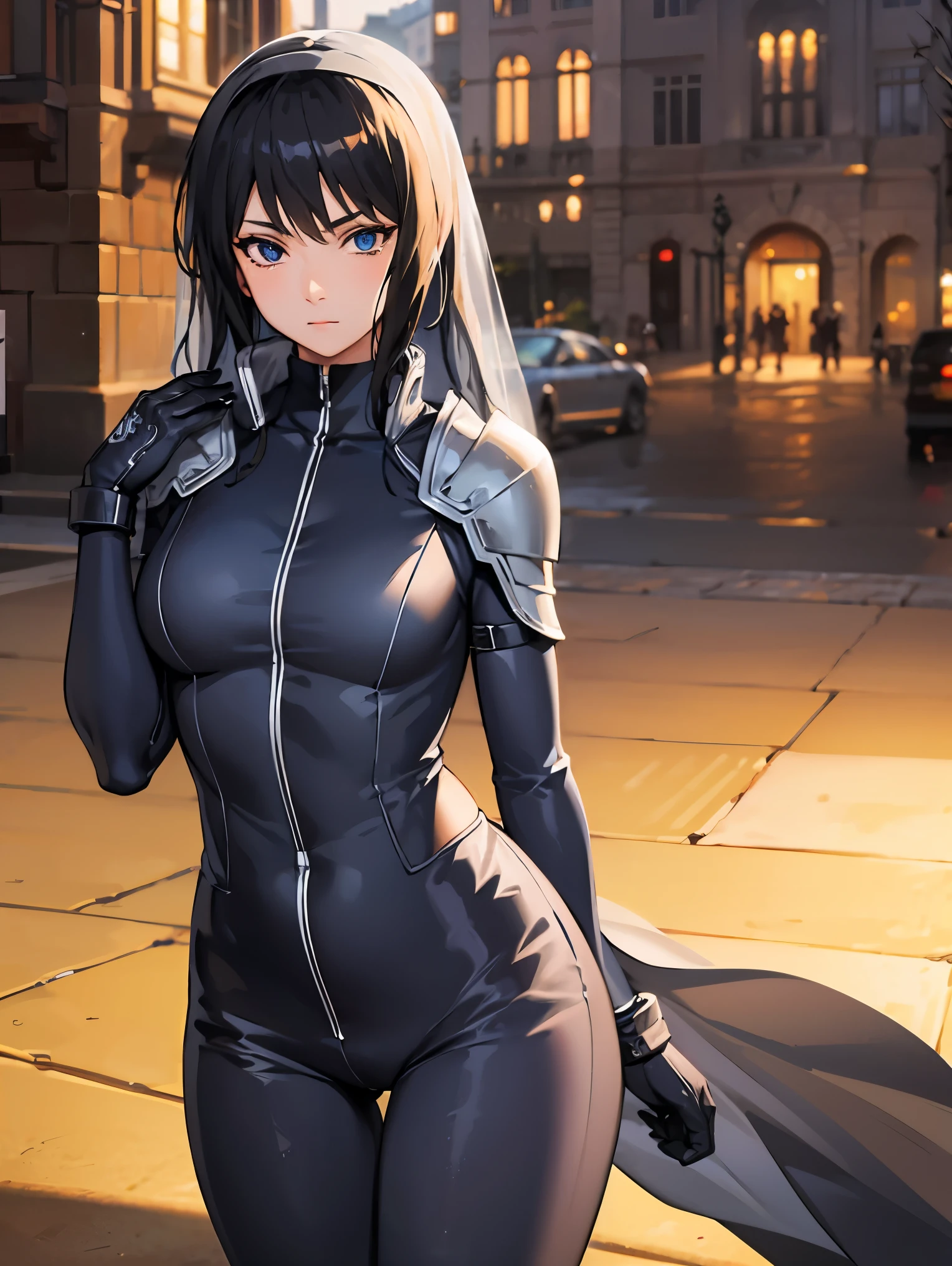 shizune,
BREAK (armor, bodysuit, pauldrons, sexy bodysuit, shoulder armor, thighs, veil, black veil:1.2),
BREAK street, standing,
BREAK (masterpiece:1.2), best quality, high resolution, unity 8k wallpaper, (illustration:0.8), (beautiful detailed eyes:1.6), extremely detailed face, perfect lighting, extremely detailed CG, (perfect hands, perfect anatomy),