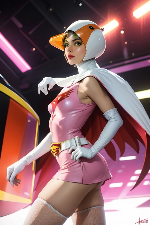 ANI_CLASSIC_jun_gatchaman_ownwaifu, 1girl, 18-year-old,Excellent anatomy, masterpiece, highest quality, Realistic, hyperRealistic, 16K HDR,
Long Hair, Green Eyes, lips, large chest, lipstick, compensate, gloves, Cape, Helmet, belt, elbow gloves, white gloves, mask, Ultra mini skirt, leotard, Spacesuit, White legwear, Pink Dress, Superhero, Bodysuits, (Sexy pose, From side:1.2),Sweat, smile, Spaceship,