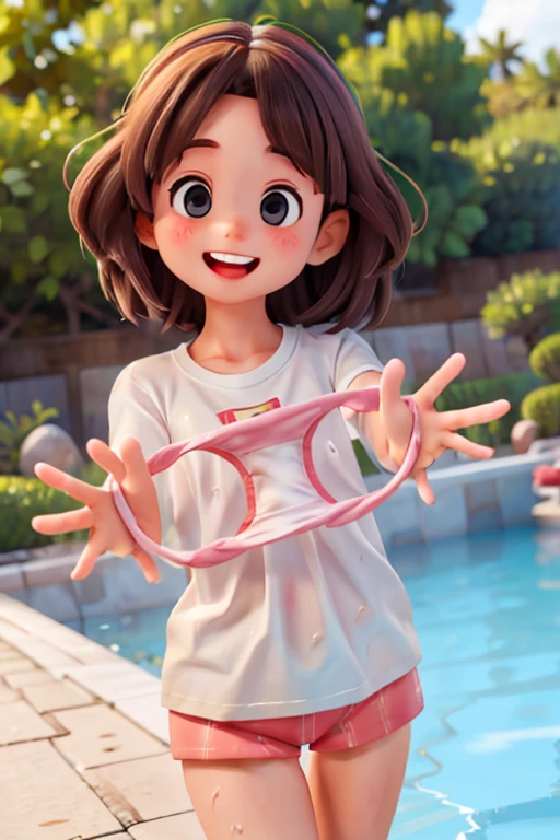 there is a young girl that is swimming In the water, In the water, Ocean, In the water, Ocean中, In the water up to her shoulders, Holding the wet panties she just took off，Water Play, Happy kids, oversized white t-shirt, Wet body，Splash，A happy smile，White Printed Panties，