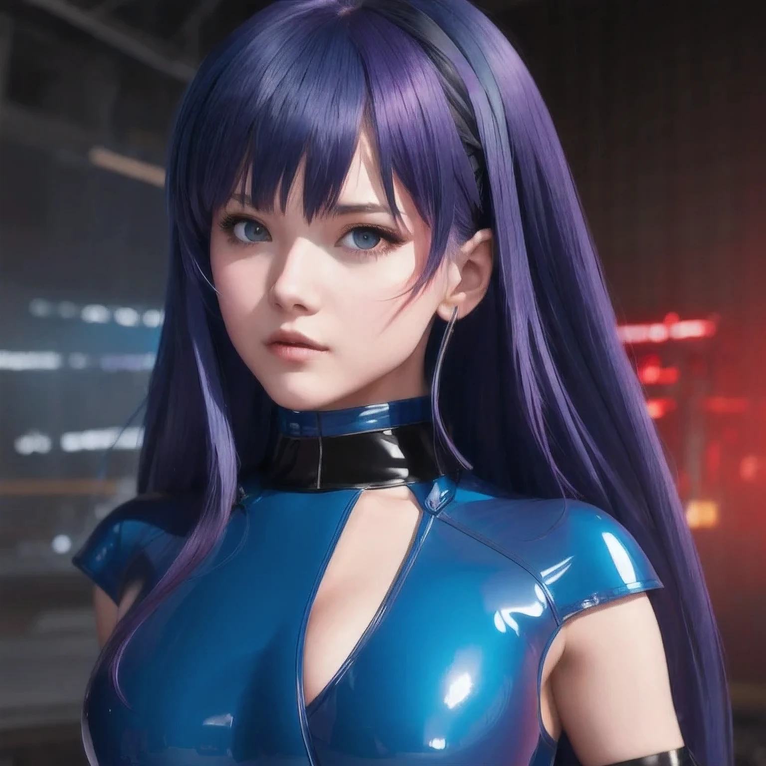 girl in a bangs blue latex outfit posing for a picture, seductive anime girl, Image Quality，photo anime, oppo masterpiece, 3 d anime realistic, 4 K, artwork in the style of bangs bluecyberpunk, , trending on cgstation, hyper realistic anime