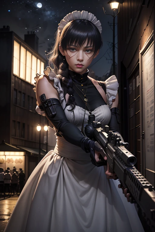 (highest quality、Ultra-high resolution、masterpiece、8K)、((Realistic、Ultra-realistic、Realistic)), anime「Black Lagoon」Roberta in a maid outfit, 1 girl 、Full Body Portrait、Very beautiful woman、Slender、Slim Waist、Sharp long legs、sniper rifle, gun at you ,Aiming at the audience, holding a gun, (realistic and detailed gun) 、(Maid clothes)、Sharp Eyes、Hated、Murderous expression、(Delicate face、Detailed eyes and face、double eyelid、Red lips)、Night view of an empty city、Starry Sky、Wind、moon、Professional Lighting
