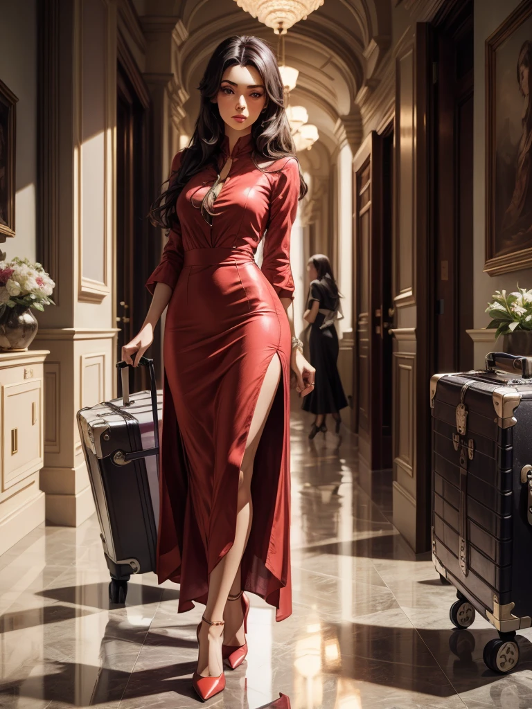 An incredibly beautiful young fatal brunette with long black straight hair, in a light summer red dress, purple eyes, high-heeled shoes, next to her a large suitcase on wheels, in her hands a small purse. She's standing in the lobby of the hotel. Masterpiece, beautiful face, beautiful facial features, perfect image, realistic photos, full-length image, 8k, detailed image, extremely detailed illustration, a real masterpiece of the highest quality, with careful drawing. In full growth.