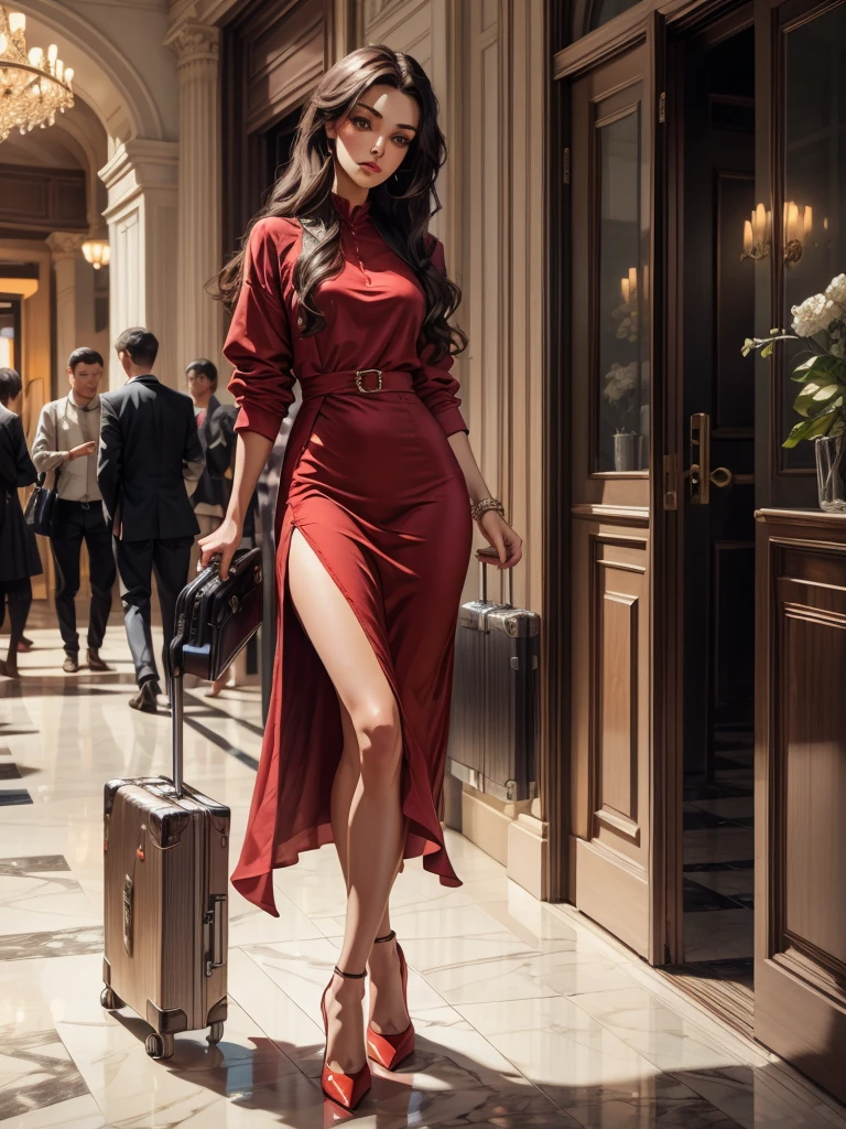 An incredibly beautiful young fatal brunette with long black straight hair, in a light summer red dress, purple eyes, high-heeled shoes, next to her a large suitcase on wheels, in her hands a small purse. She's standing in the lobby of the hotel. Masterpiece, beautiful face, beautiful facial features, perfect image, realistic photos, full-length image, 8k, detailed image, extremely detailed illustration, a real masterpiece of the highest quality, with careful drawing. In full growth.