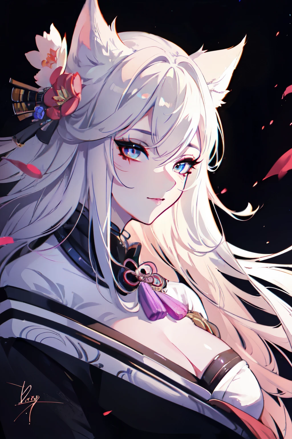 a beautiful fox girl with long white hair, seductive gaze, japanese kimono with black details in hair and tail, extremely detailed face and eyes, 1girl, elegant, photorealistic, cinematic lighting, vibrant colors, fantasy, digital painting, intricate details