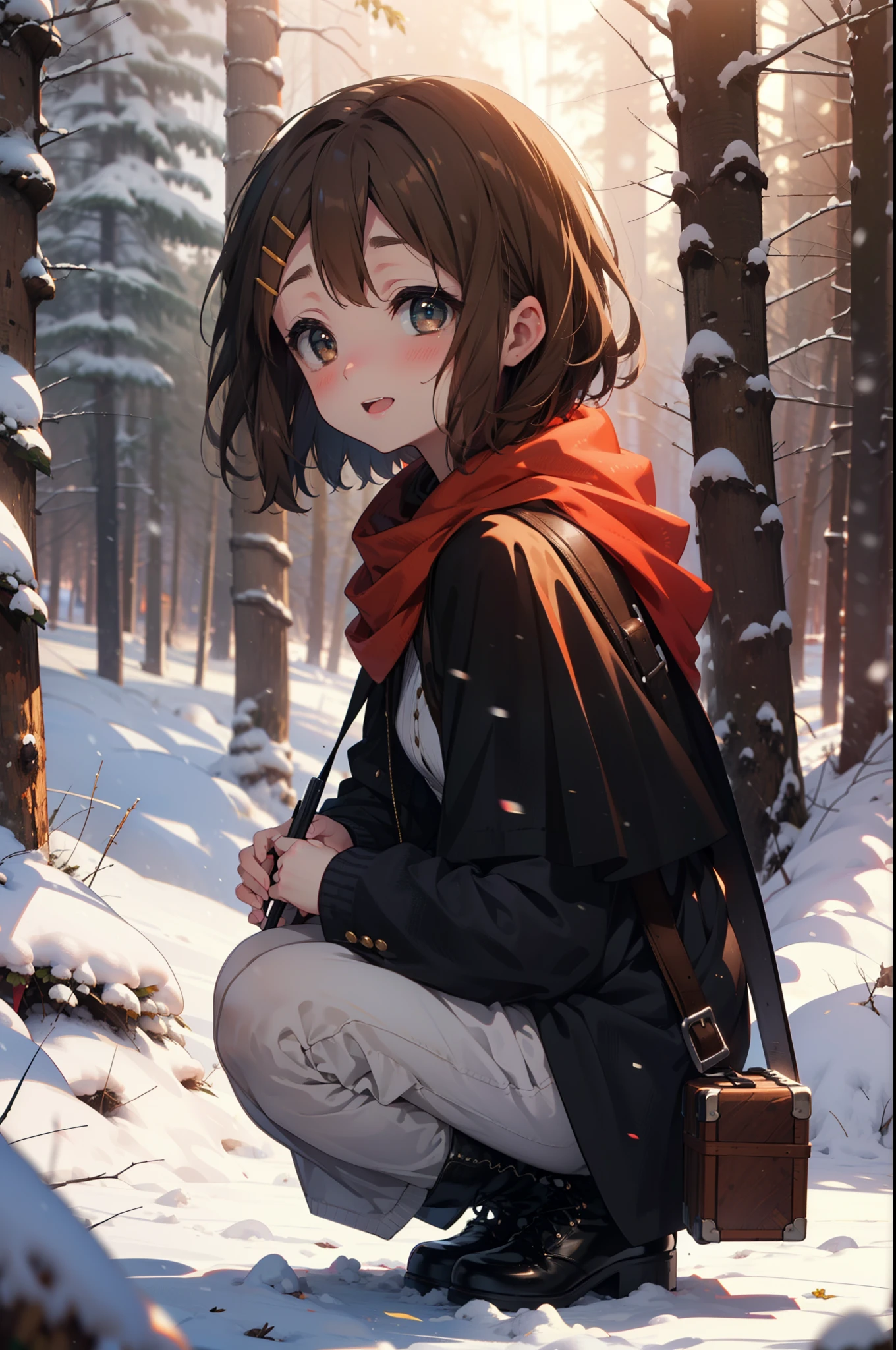 yuihirasawa, Yui Hirasawa, short hair, Brown Hair, hair ornaments, (Brown eyes:1.5), Hair Clip、smile,smile,blush,White Breath,
Open your mouth,snow,A bonfire on the ground,, Outdoor, boots, snowing, From the side, wood, suitcase, Cape, Blurred, , forest, White handbag, nature,  Squat, Mouth closed, Cape, winter, Written boundary depth, Black shoes, red Cape break looking at viewer, Upper Body, whole body, break Outdoor, forest, nature, break (masterpiece:1.2), highest quality, High resolution, unity 8k wallpaper, (shape:0.8), (Beautiful and beautiful eyes:1.6), Highly detailed face, Perfect lighting, Extremely detailed CG, (Perfect hands, Perfect Anatomy),