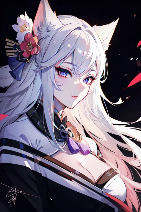 a beautiful fox girl with long white hair, seductive gaze, japanese kimono with black details in hair and tail, extremely detail...