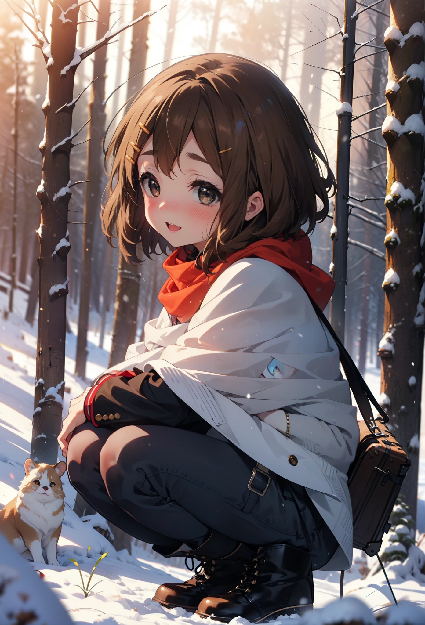 yuihirasawa, Yui Hirasawa, short hair, Brown Hair, hair ornaments, (Brown eyes:1.5), Hair Clip、smile,smile,blush,White Breath,
Open your mouth,snow,A bonfire on the ground,, Outdoor, boots, snowing, From the side, wood, suitcase, Cape, Blurred, , forest, White handbag, nature,  Squat, Mouth closed, Cape, winter, Written boundary depth, Black shoes, red Cape break looking at viewer, Upper Body, whole body, break Outdoor, forest, nature, break (masterpiece:1.2), highest quality, High resolution, unity 8k wallpaper, (shape:0.8), (Beautiful and beautiful eyes:1.6), Highly detailed face, Perfect lighting, Extremely detailed CG, (Perfect hands, Perfect Anatomy),