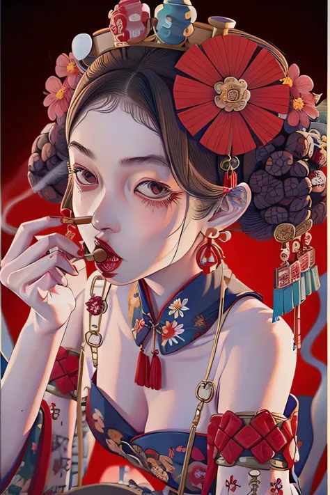 Oiran、cheongsam、Turn around、the whole、full body Esbian、Smoke pipes、kiseru、Overall view、Gorgeous cheongsam、Sister sitting、Blow up...