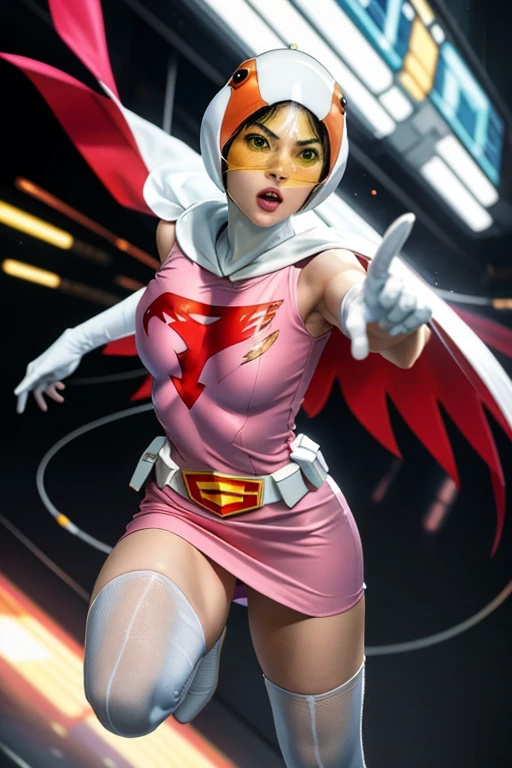 ANI_CLASSIC_jun_gatchaman_ownwaifu, 1girl, 18-year-old,Excellent anatomy, masterpiece, highest quality, Realistic, hyperRealistic, 16K HDR,
Long Hair, chest, Green Eyes, lips, large chest, lipstick, compensate, gloves, Cape, Helmet, belt, elbow gloves, white gloves, mask, Ultra mini skirt, leotard, Spacesuit, White legwear, Pink Dress, Superhero, Bodysuits, (Fighting Pose,kick:1.3), Spaceship, Raise your hand