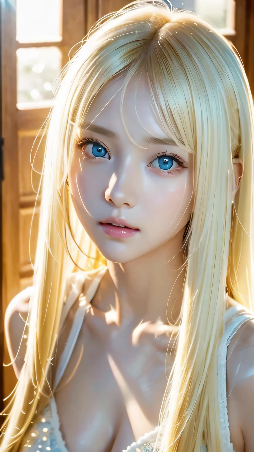 A beautiful 14-year-old girl with beautiful blonde hair、Blonde hair on face、bangs over eyes、Very bright, light blue, big eyes that shine beautifully、Cute very bright big eyes、Gentle expression、Blonde super long silky hair、Hair above the eyes、片Hair above the eyes、Hair between the eyes、Small Face Beauty、Round face、Very white, bright and youthful skin、Cheek highlighter、Very beautiful bright eye highlights、