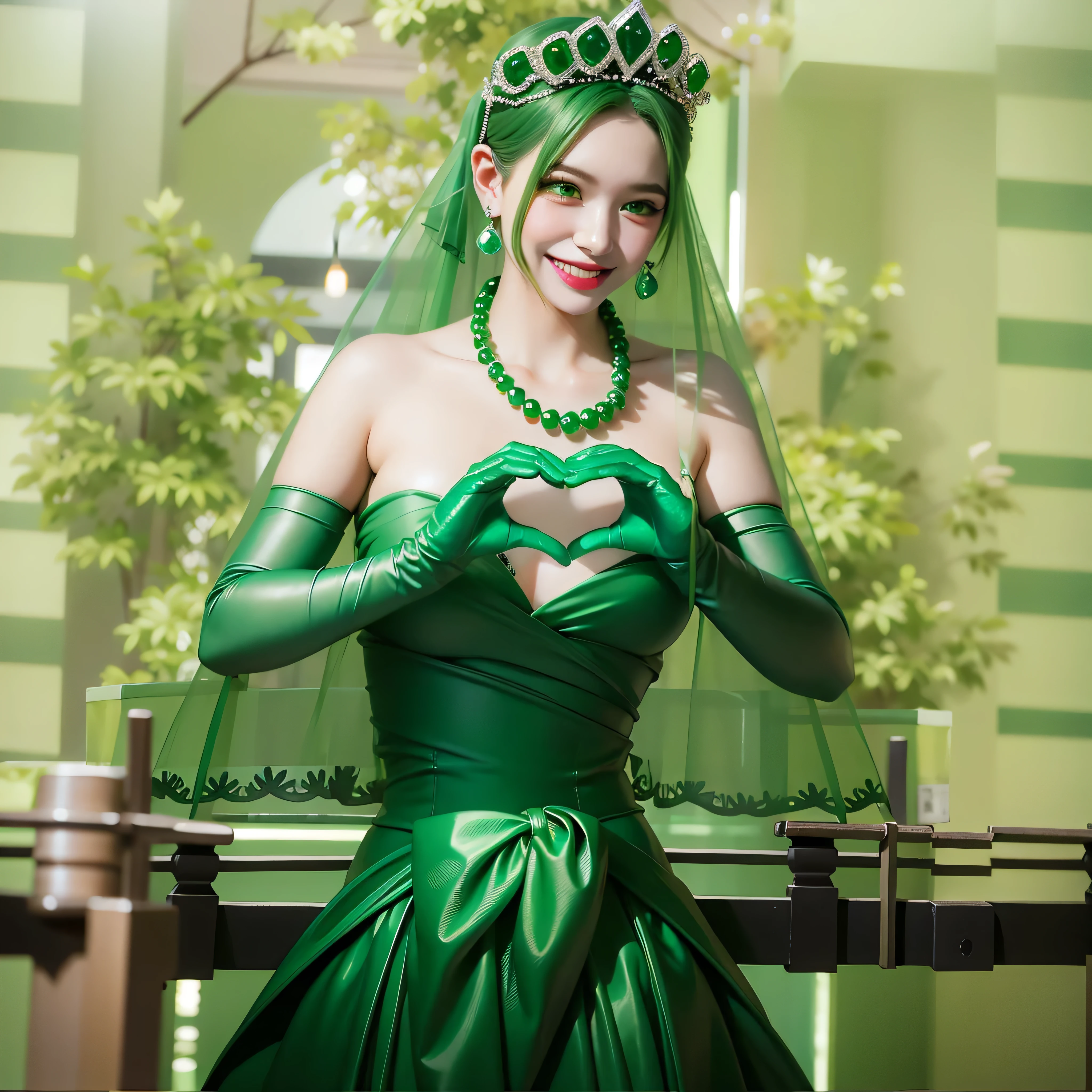 Emerald tiara, Green Pearl Necklace, Boyish very short green hair, Green Lips, Smiling Japanese woman, Very short hair, Busty beautiful lady, Green Eyes, Green satin long gloves, Green Eyes, Emerald Earrings, Green veil, Heart with both hands, Green Hair, Beautiful Japanese Woman, Heart shaped hands:1.3, green lip gloss