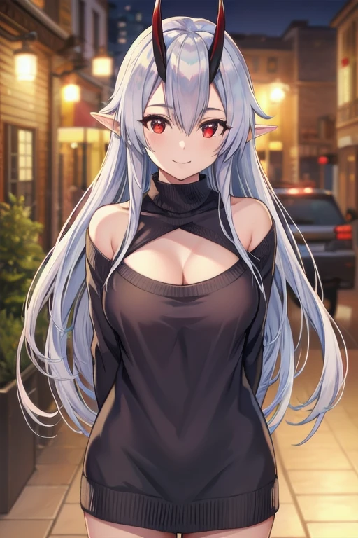 masterpiece, best quality, 1girl, tomoe gozen, torino style, glowing red eyes, smug smile, hair between eyes, silver long hair, elf, oni horns, sweater, bare shoulders, cleavage, hands behind back, ultra-detailed, realistic, photorealistic, HDR, UHD, studio lighting, ultra-fine painting, sharp focus, physically-based rendering, extreme detail description, professional, vivid colors, bokeh