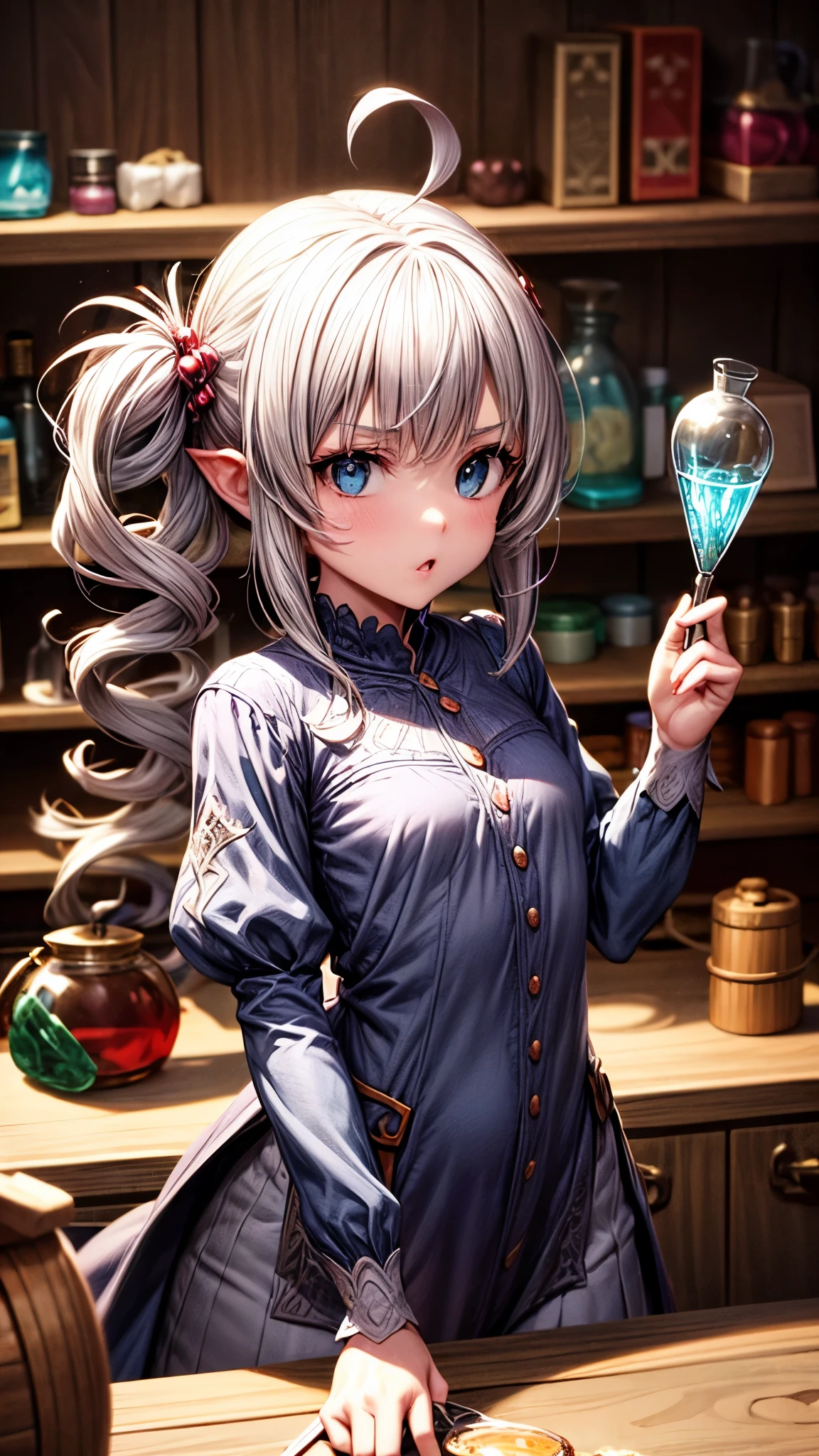 a little woman in her magic potion shop, medieval clothing, animated style, white hair, big beautiful blue eyes, behind the counter, magnifying glass, beautiful detailed face, perfect animate face, high resolution, very detailed, 8k, in action behind the counter, in action presenting potions, naive face, awkward face, dungeon and dragon style, fantasy, magical, enchanting, vibrant colors, dramatic lighting, medieval interior, wooden shelves, glass bottles, glowing potions, steam effects, atmospheric, cinematic