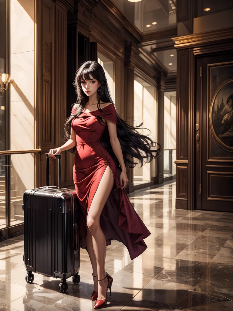 An incredibly beautiful young femme fatale brunette with long black straight hair, long bangs, dressed in a light short summer red dress, purple eyes, high-heeled shoes, next to her a large suitcase on wheels, in her hands a small purse. She's standing in the lobby of the hotel. Masterpiece, beautiful face, perfect image, realistic photos, full-length image, 8k, detailed image, extremely detailed illustration, a real masterpiece of the highest quality, with careful drawing. In full growth.