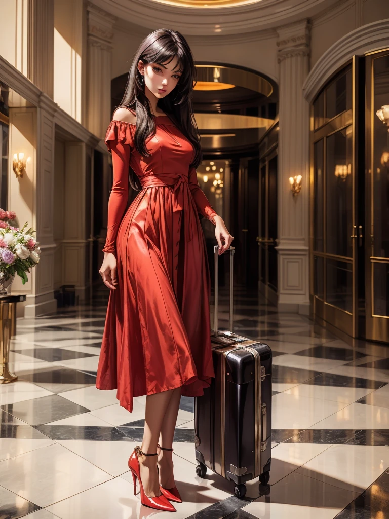 An incredibly beautiful young femme fatale brunette with long black straight hair, long bangs, dressed in a light short summer red dress, purple eyes, high-heeled shoes, next to her a large suitcase on wheels, in her hands a small purse. She's standing in the lobby of the hotel. Masterpiece, beautiful face, perfect image, realistic photos, full-length image, 8k, detailed image, extremely detailed illustration, a real masterpiece of the highest quality, with careful drawing. 