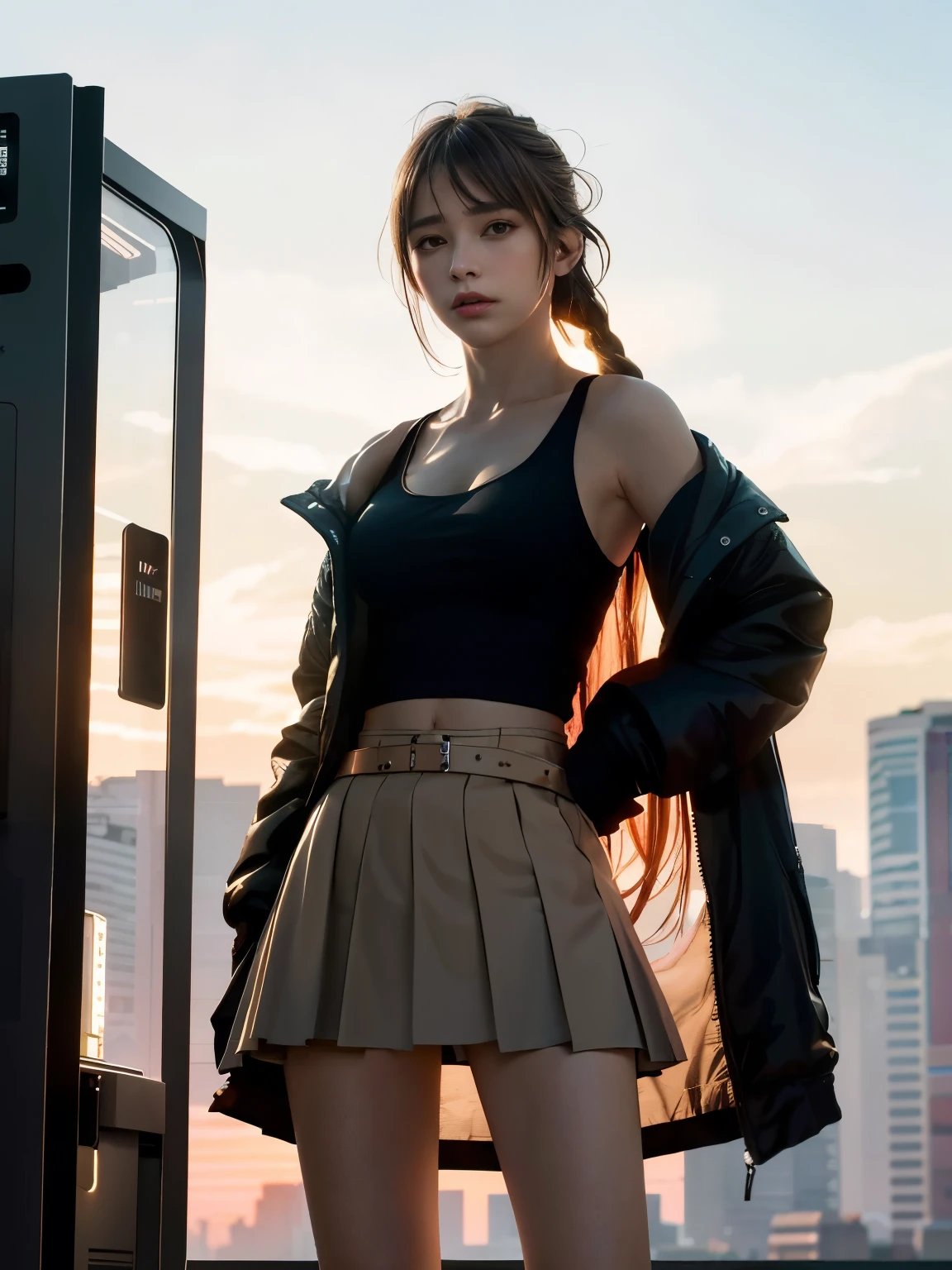 best quality, masterpiece, (realistic:1.2), 1girl, solo, (silhouette lighting:1.2), light brown french braids hair with bangs, cowboy shot, cyberpunk style, tank-top with jacket, short skirt, hourglass figure, standing by vending machine, dusk, twilight, cleavage, windy upskirt, wind blowing skirt, pink clouds