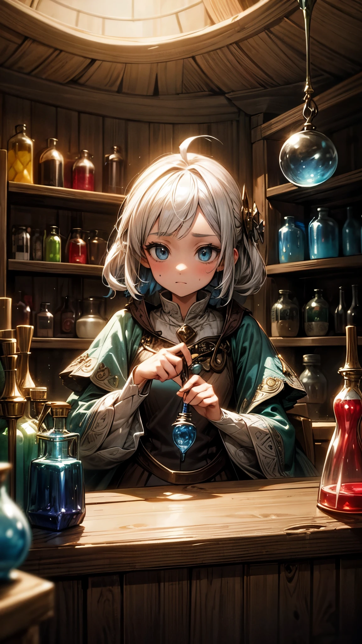 a little woman in her magic potion shop, medieval clothing, animated style, white hair, big beautiful blue eyes, behind the counter, magnifying glass, beautiful detailed face, perfect animate face, high resolution, very detailed, 8k, in action behind the counter, in action presenting potions, naive face, awkward face, dungeon and dragon style, fantasy, magical, enchanting, vibrant colors, dramatic lighting, medieval interior, wooden shelves, glass bottles, glowing potions, steam effects, atmospheric, cinematic