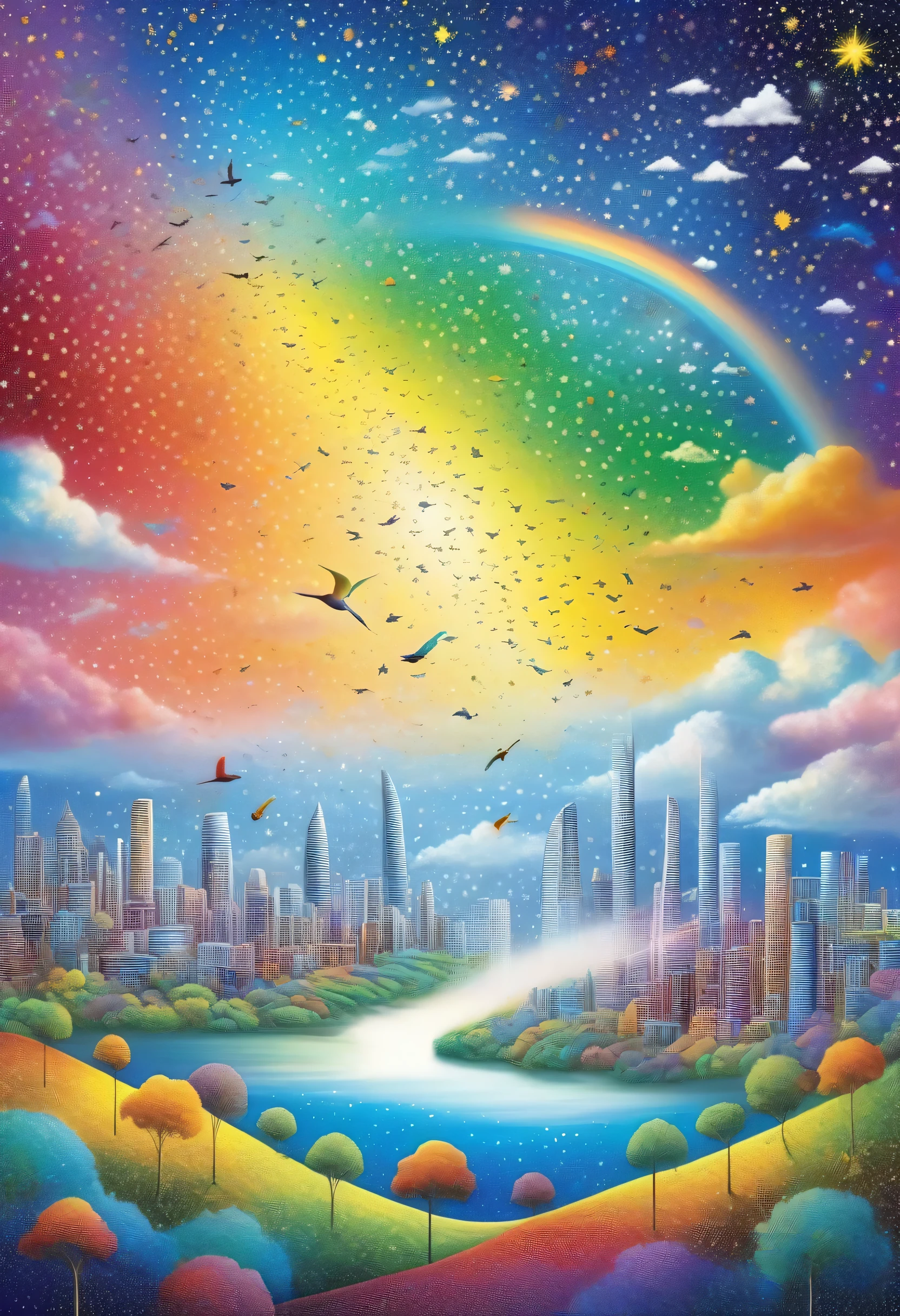 Exix is Ardelia、(rainbow dream landscape:1.2)、emerge from the clouds。, Future City、Birds are flying、Tabletop, highest quality, Rainbow starry sky background, in pointillist art style、Tabletop、highest quality、