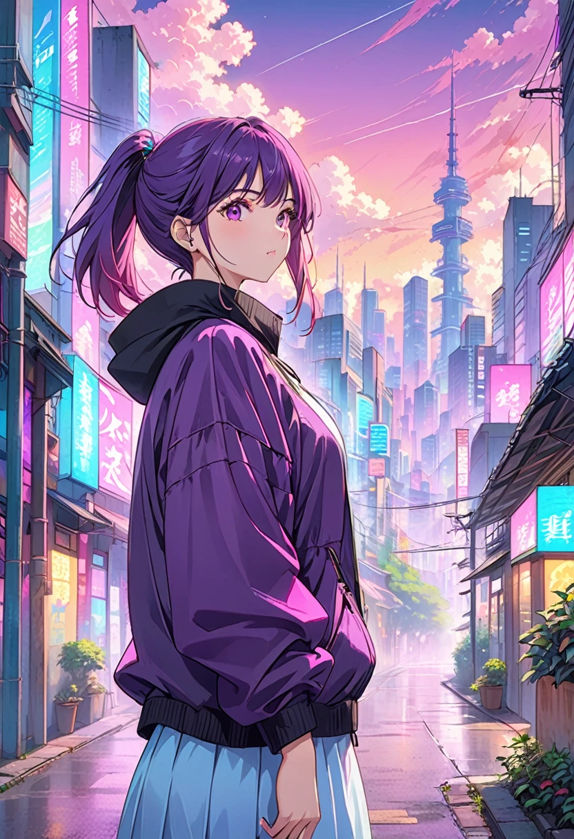 Portrait urbain gros plan avec fond de coucher de soleil néon, Ville des ondes synthétiques, Steam Pau City, Esthétique des ondes synthétiques, fond de ville néon, Nouveau fond de Tokyo, Fond de métropole néon, fond de ville future, esthétique cyberpunk, L'histoire de cette ville est pleine de style cyberpunk, Ville cyberpunk violette, fond de ville cyberpunk, esthétique cyberpunk, ambiance cyberpunk, Paysage urbain cyberpunk,Nuage d&#39;Anime, fond d&#39;anime, Ciel d&#39;Anime, dans le Makoto Shinkai&#39;le style, Beaux nuages flottants. Et l&#39;esprit, Makoto Shinkai&#39;le style, Shen Haicheng!, beau paysage animé, Basé sur Xin Haicheng, Fond d&#39;écran paysage animé, Shen Haicheng!!, Shinkai Makoto&#39;le style artistique,fille, cheveux courts bordeaux,coupe au carré, ((yeux vert lime)), gros yeux,yeux tombants,Corps mince,peau pâle,Beau visage,Manteau rouge,La nuit de Tokyo, style cyberpunk,streetwear japonais,mode tokyoïte,Veste Cyberpunk 2 0 7 7,pleine longueur,pose charmante,vue de dessous