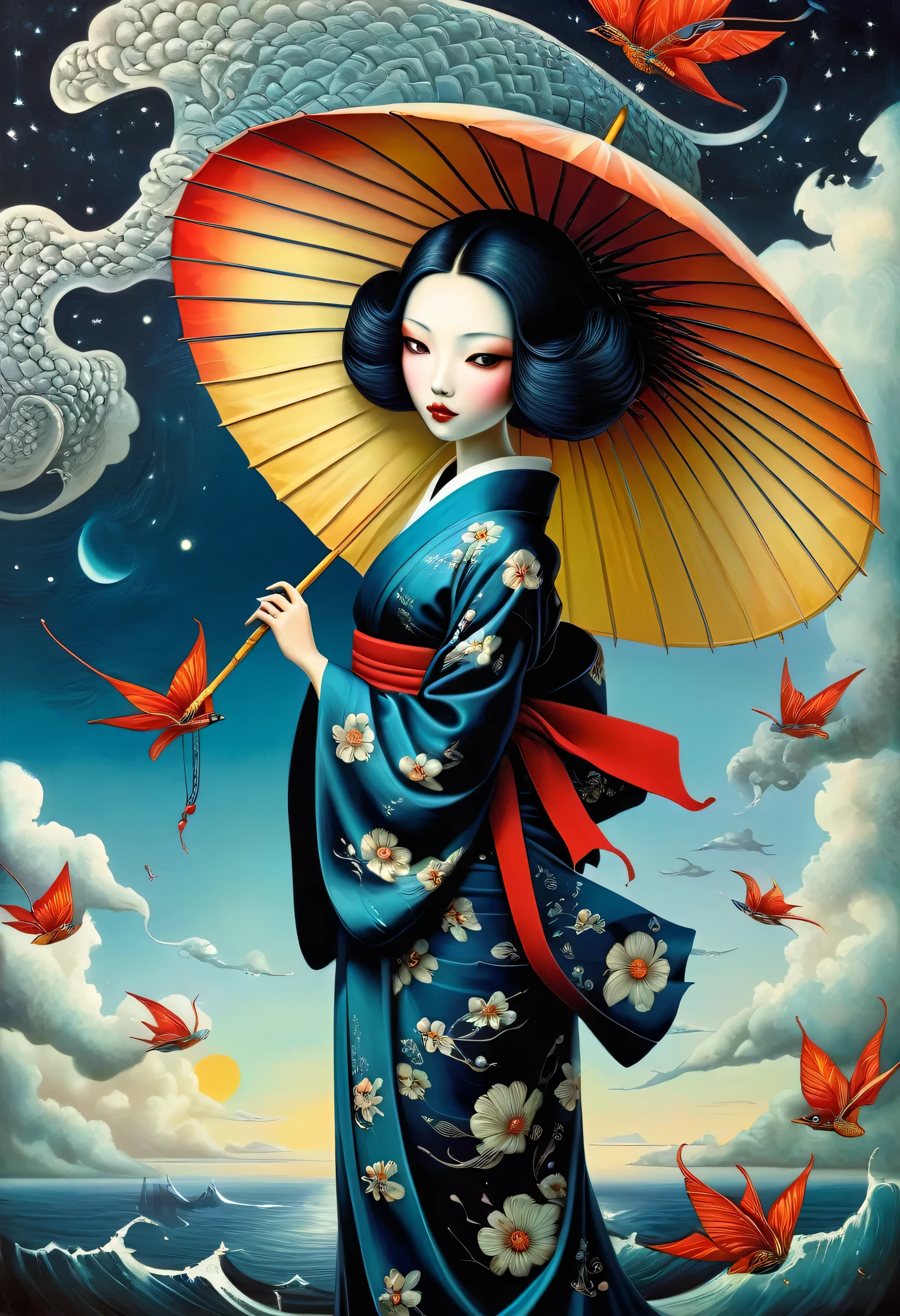 Japanese woman in a kimono holding a Japanese umbrella、Beautiful kimono、、benjamin lacombe, magical surrealism, Unrealistic picture, Whimsical Surrealism, Jacek Jelka、Vladimir Kush, Surreal oil painting, Surrealist artwork, Surreal Art, magical realism、Strange art, Surreal oil painting,  Brian DeSpain, Surrealist illustration, (surrealism dark art:1.2), surrealismo pop lowbrow art style, Arte Lowbrow, Masterpiece、Starry Night、