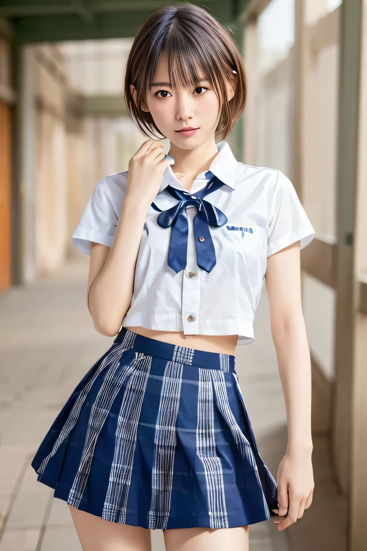 (masterpiece, best quality:1.2), cowboy shot, solo, 1girl, shirai hinako, expressionless, closed mouth, looking at viewer, own hands together, , serafuku, plaid skirt