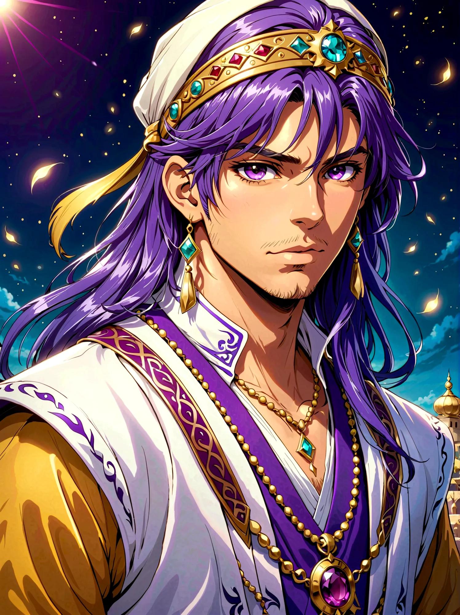 Japanese Manga "Magi: The Labyrinth of Magic", sinbad_adult_magi, 1boy, solo, Male focus, Looking at the audience, Jewelry，Purpl...