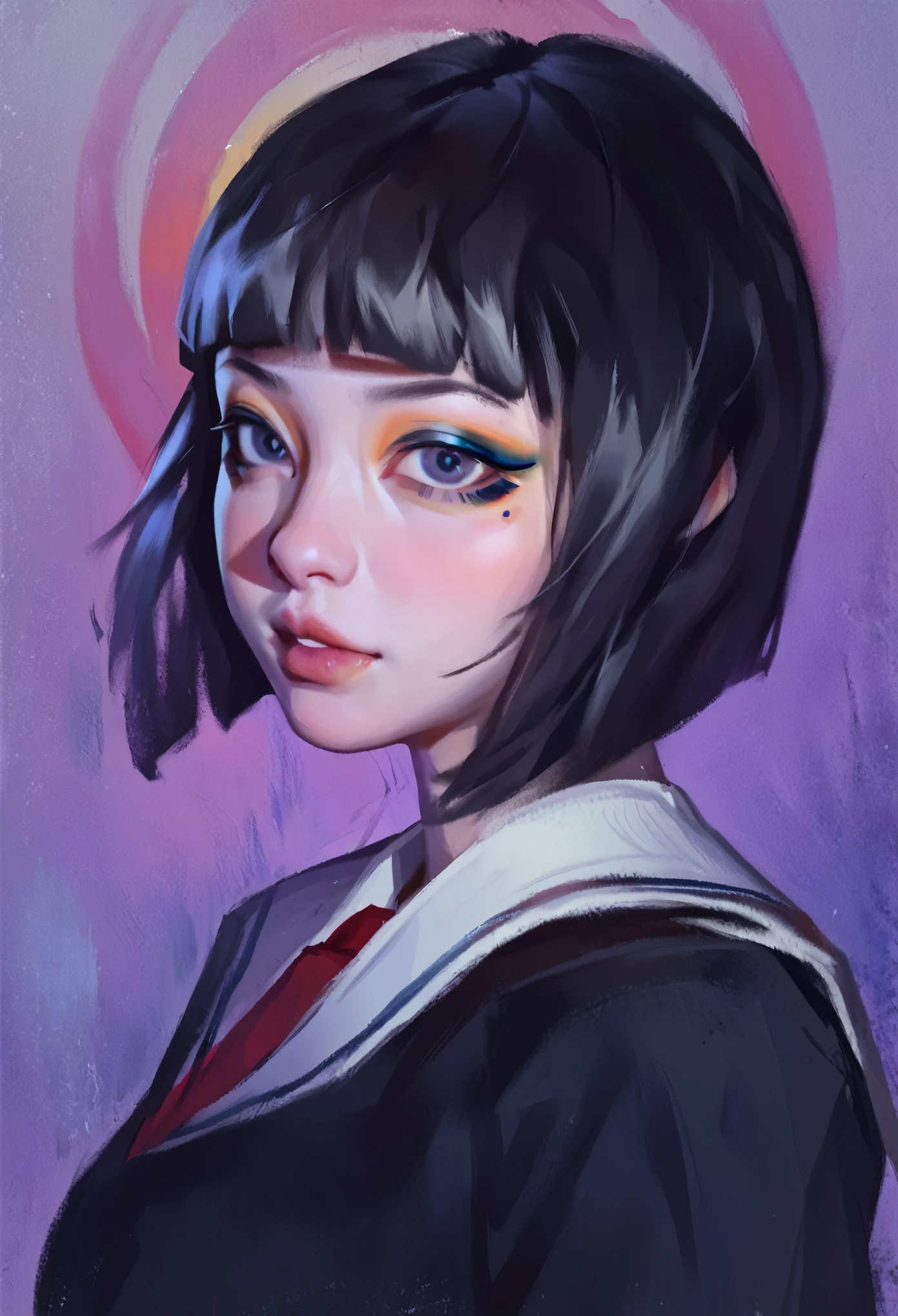 smudgy, traditional art, liu2, brush texture, score_9, score_8_up, score_7_up, score_6_up, score_5_up, score_4_up, BREAK 1girl, intricate, school outfit , (eyeliner:1.2), looking at viewer, black hair, hime-cut, pale skin, jewelry, detailed background, breasts (masterpiece, high quality:1),
