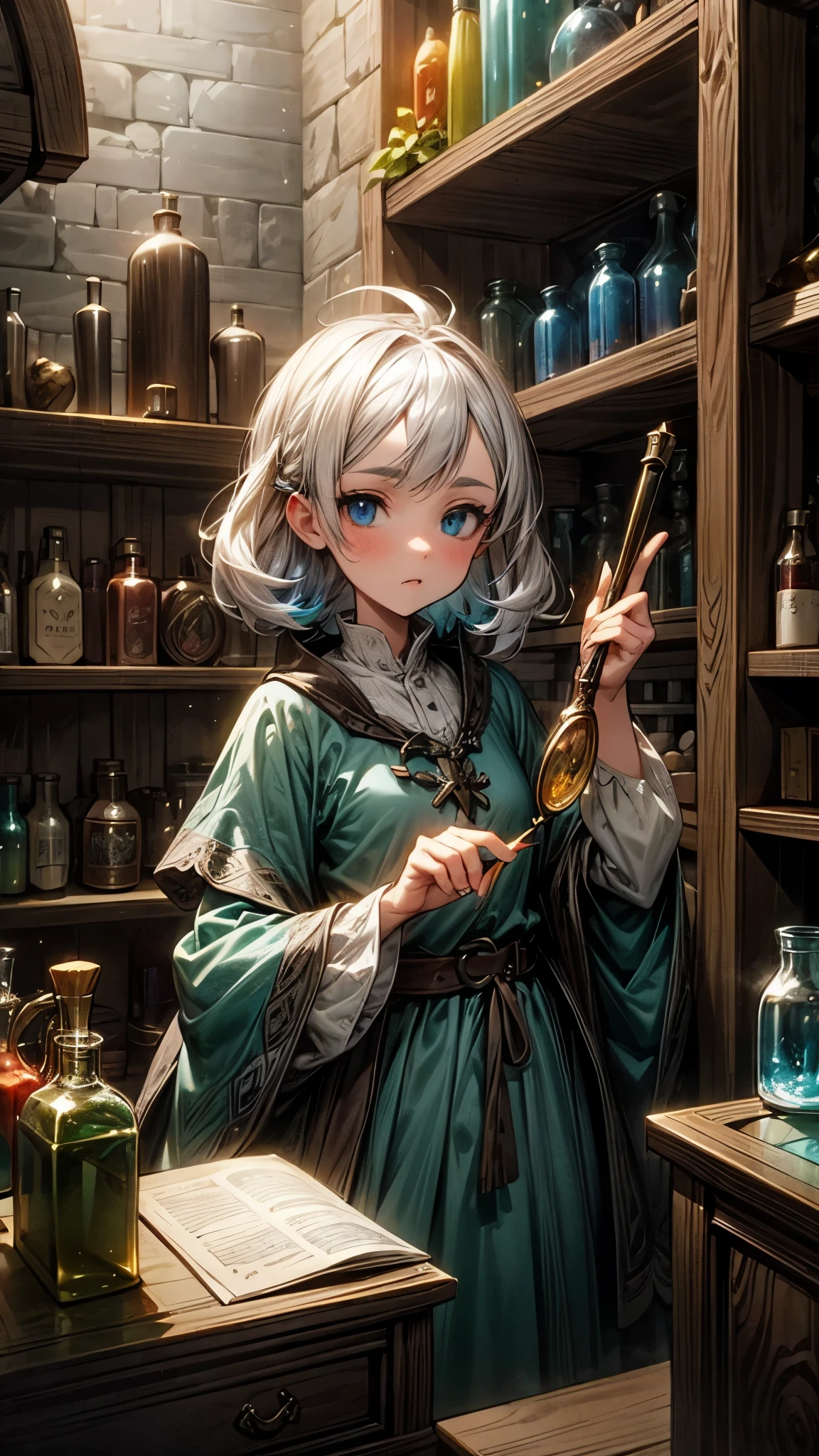 a little woman in her magic potion shop, medieval clothing, animated style, white hair, big beautiful blue eyes, behind the counter, magnifying glass, beautiful detailed face, perfect animate face, high resolution, very detailed, 8k, in action behind the counter, in action presenting potions, naive face, awkward face, dungeon and dragon style, fantasy, magical, enchanting, vibrant colors, dramatic lighting, medieval interior, wooden shelves, glass bottles, glowing potions, steam effects, atmospheric, cinematic