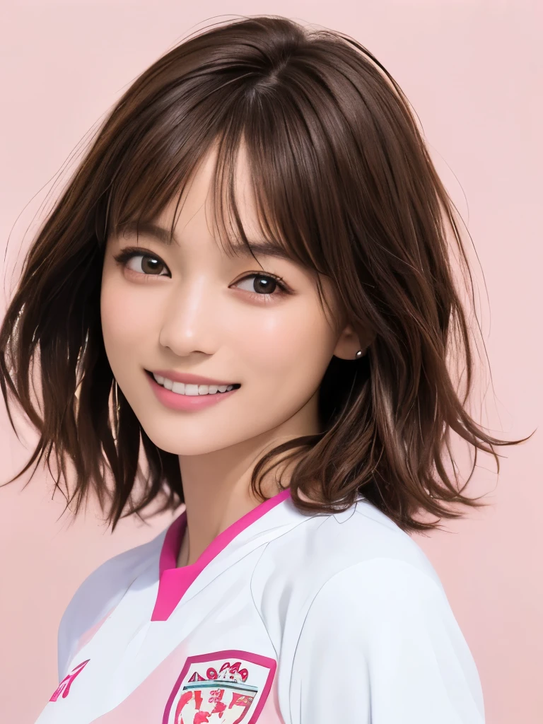 (highest quality、8k、32k、masterpiece)、(Realistic)、(Realistic:1.2)、(High resolution)、Very detailed、Very beautiful face and eyes、1 girl、Round and small face、Tight waist、Delicate body、(close、highest quality、Attention to detail、Rich skin detail)、(highest quality、8k、Oil paints:1.2)、(Realistic、Realistic:1.37)、Bright colors、(((Light Brown Hair)))、(((Upper Body Shot)))、(((Medium Hair)))seems to be happy、(((White wall background)))、(((Happy expression)))、smile、(((Brown Hair)))、(((Soccer uniforms)))、(((桃色のSoccer uniforms)))、(((smile)))、(((Pink uniform)))