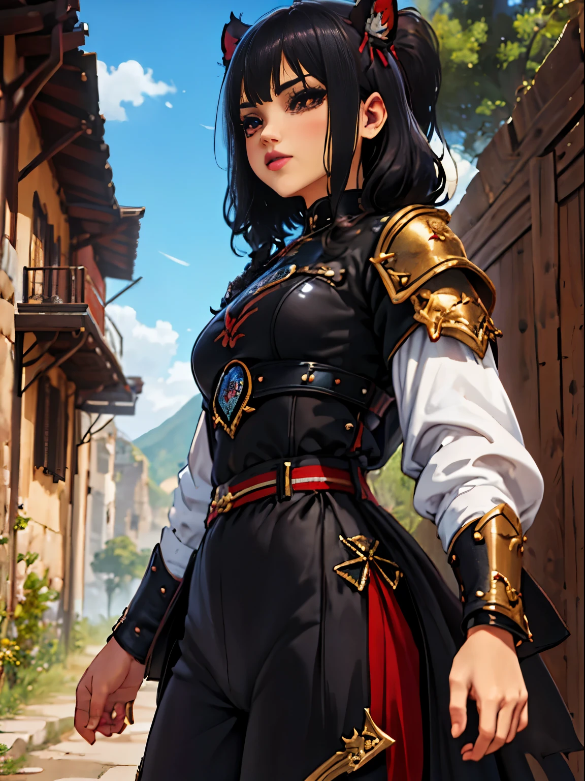 masterpiece，junkotvv, A high resolution,absolutely beautiful，a mature female，European warriors，Fine, detailed eyes and detailed face.，high and tall，black fur,fringe , cat ears，Red eyes, she wears armor，Full coverage armor，armor pants，armor boots，Show armor iron boots、The armor is rich in color.、Exquisite armor details.、decor，shogun， Seduce：（high：1.4），arrogant，Mature temperament，（wide buttock：1.4），（thick thighs：1.4），majesty，Rich scene detail，In the middle of the war，They are standing，action