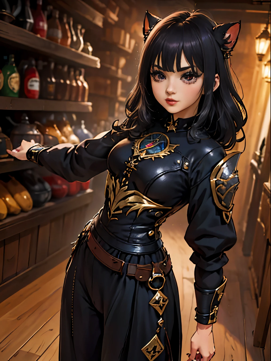 Masterpiece，junkotvv, A high resolution,absolutely beautiful，a mature female，European warriors，Fine, detailed eyes and detailed face.，high and tall，black fur,fringe , cat ears，Red eyes, she wears armor，Full coverage armor，armor pants，armor boots，Show armor iron boots、The armor is rich in color.、Exquisite armor details.、decor，Shogun， Seduce：（high：1.4），arrogant，mature temperament，（wide buttock：1.4），（thick thighs：1.4），majesty，Rich scene detail，In the middle of the war，They are standing，action