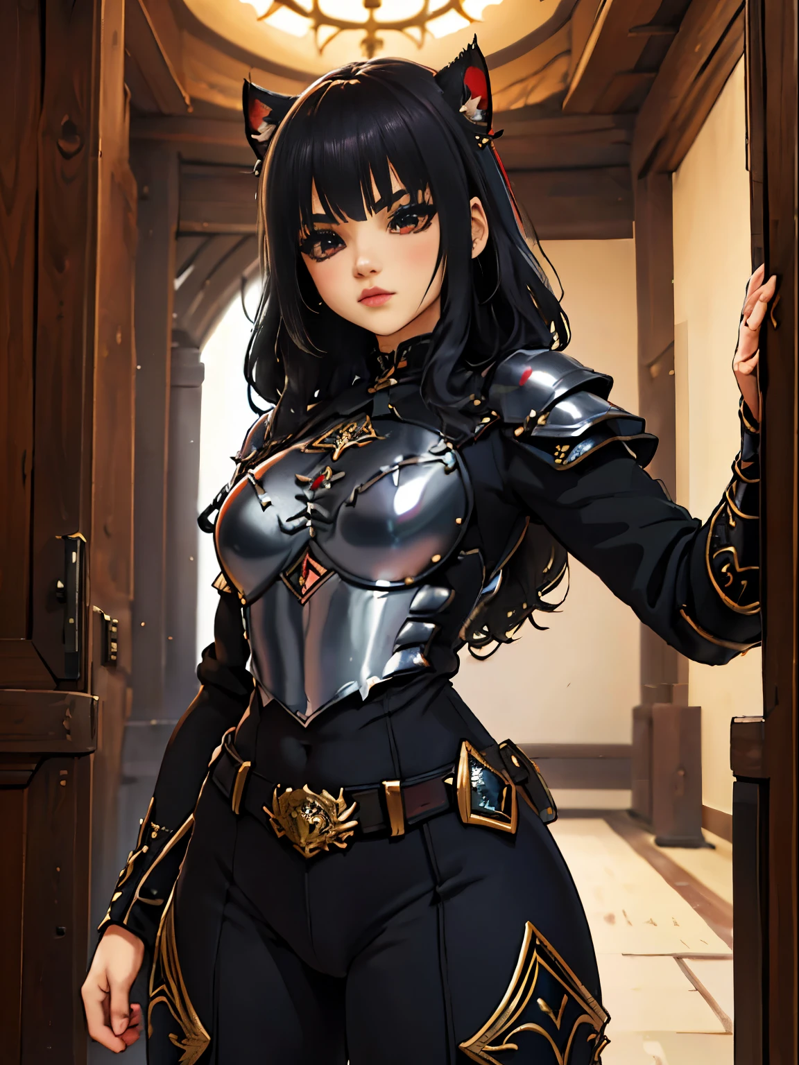 masterpiece，junkotvv, A high resolution,absolutely beautiful，a mature female，European warriors，Fine, detailed eyes and detailed face.，high and tall，black fur,fringe , cat ears，Red eyes, she wears armor，Full coverage armor，armor pants，armor boots，Show armor iron boots、The armor is rich in color.、Exquisite armor details.、decor，shogun， Seduce：（high：1.4），arrogant，Mature temperament，（wide buttock：1.4），（thick thighs：1.4），majesty，Rich scene detail，In the middle of the war，They are standing，action