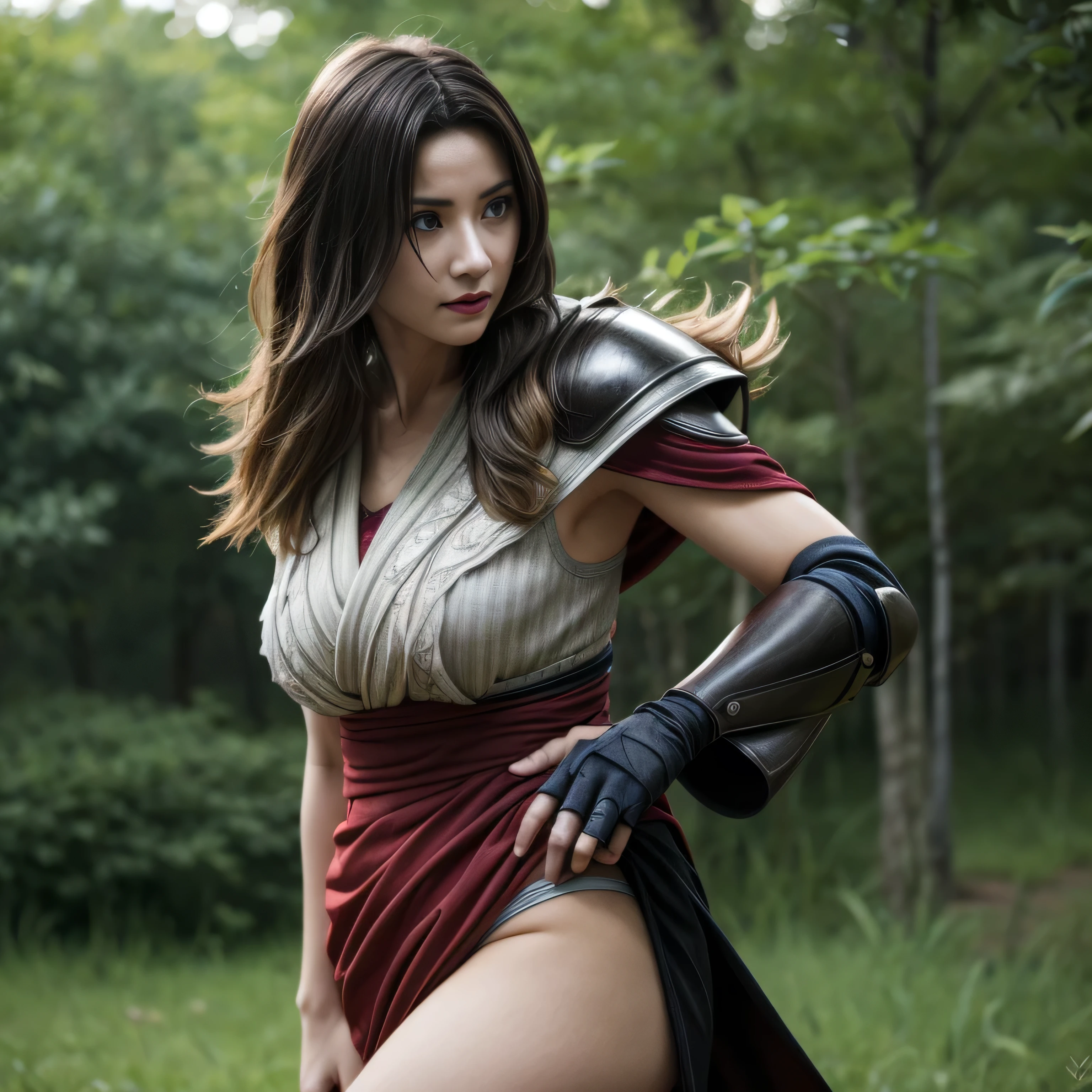 photorealistic, masterpiece, photorealistic, high resolution, soft light, hips up, cunt up, blue eyes, blonde hair, long hair, Intricate details EABA, cloaks, green scroll, Ninja, Armor, Godaime Mizukage, Kurenai Yuhi, nude, medium breasts, Konoha forest