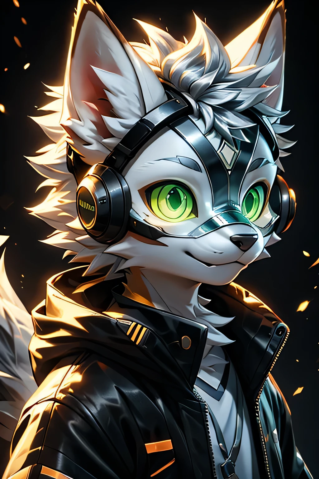 Young werewolf，Golden Fur，Wearing a black jacket with neon details，Wear an electronic mask，Wearing gaming headphones，avatar，Close-up of face，high quality，The art of math，，High-definition 4k realism，((clear structural details)))Show details，Delicateeyes，(Blue-green pupils)((Silvery-white glowing eyes))Slim，Soft，4k，excellent quality，High Detail，Delicate fur，((Yellowtail in the right place))Light blue shirt。Pale ears，Yellow hair，whole body，permanent，small short mouth，personification，domineering