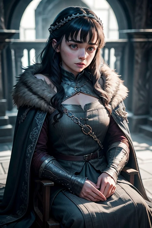 Aria stark viendo a su hermano el joven lobo con una cabeza de lobo cozida en su cuerpo soldados le gritan el rey del norte aria star cara de horrorizada y con ojos llorosos 