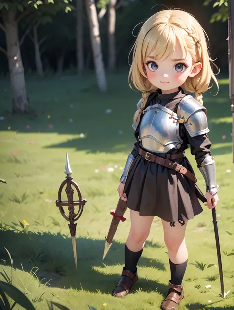 Ultra Realistic Girl，8-year-old,  Very short stature，Long blonde hair with braided bangs，Medieval knight armor，Long Spear，Flat C...