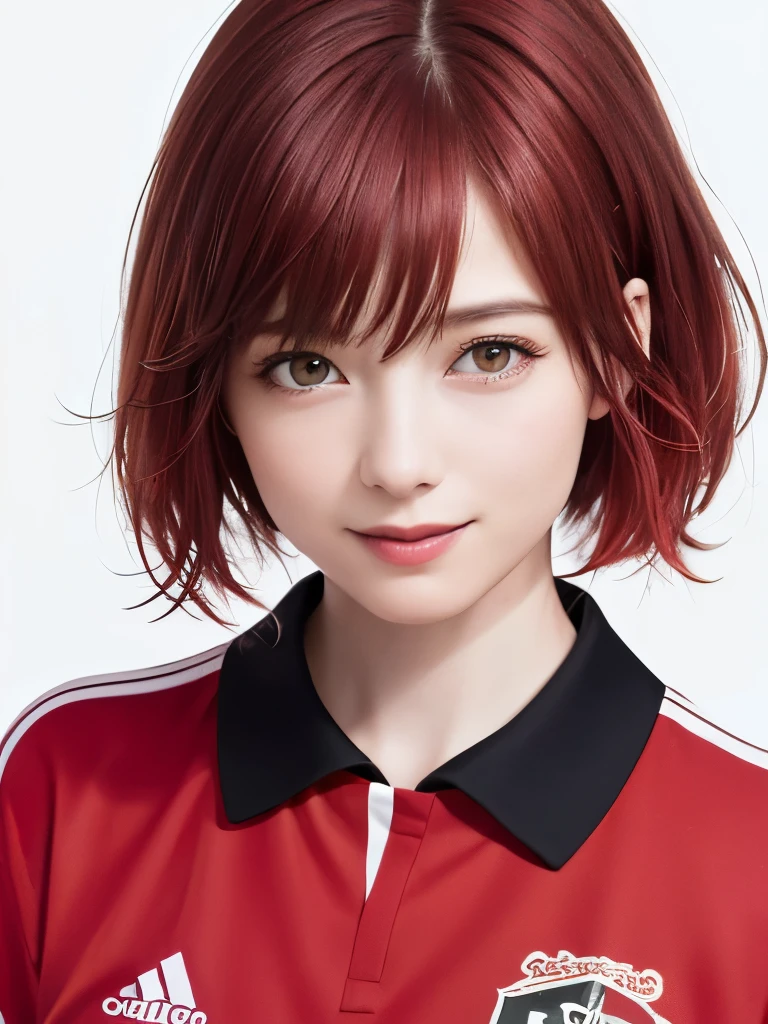(highest quality、8k、32K、masterpiece)、(Realistic)、(Realistic:1.2)、(High resolution)、Very detailed、Very beautiful face and eyes、1 girl、Round and small face、Tight waist、Delicate body、(close、highest quality、Attention to detail、Rich skin detail)、(highest quality、8k、Oil paints:1.2)、(Realistic、Realistic:1.37)、Bright colors、(((Red Hair)))、(((Upper Body Shot)))、(((short hair)))seems to be happy、(((White wall background)))、(((Happy expression)))、smile、(((Red hair)))、(((Soccer uniforms)))、(((Pink and black soccer uniforms)))、(((smile)))、(((Black and pink uniform)))