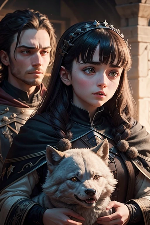 Aria stark viendo a su hermano el joven lobo con una cabeza de lobo cozida en su cuerpo soldados le gritan el rey del norte aria star cara de horrorizada y con ojos llorosos 