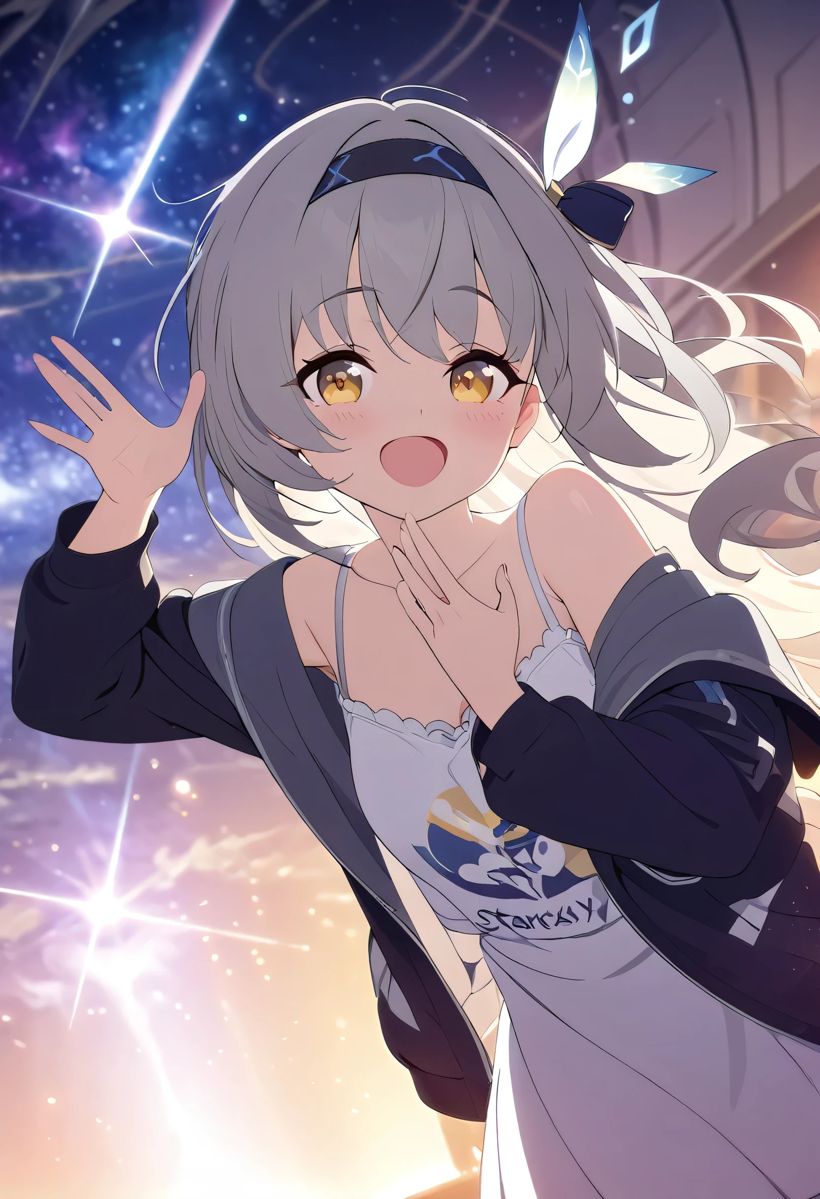 (masterpiece, best quality:1.2), (High resolution, Abstract:1.1), Super detailed, 1 Girl, Cute pose, camisole, Off-shoulder, Open your mouth, Smile, blush,fireflydef, jacket, dress, bow, hairband, hair ornament, grey hair,starsky,galaxy，