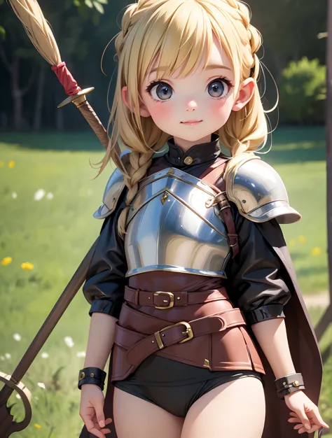 Ultra Realistic Girl，8-year-old, Very short stature，Long blonde hair with braided bangs，Medieval knight armor，Long Spear，Flat Ch...