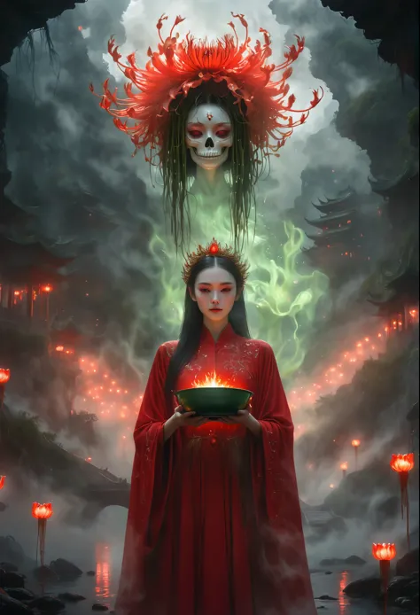 a girl holding a bowl in a fiery landscape, ghostly spirits, red spider lilies,Beautiful face，Gorgeous crown， hyperrealistic, 8k...