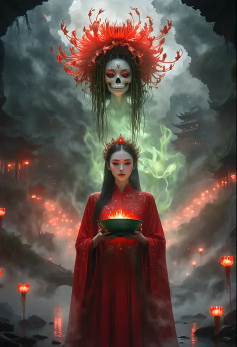 a girl holding a bowl in a fiery landscape, ghostly spirits, red spider lilies,beautiful face，gorgeous crown， hyperrealistic, 8k...