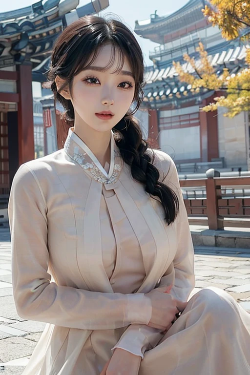 ((1 korean girl)), big breasts, strikingly beautiful, delicate facial features, porcelain skin, expressive eyes, black hair, ((top quality, 8 thousand, masterpiece:1.3)), young korean girl, (((girl all nude))), head with hairpin, smile, high status, Yangban, korea, Gyeongbokgung