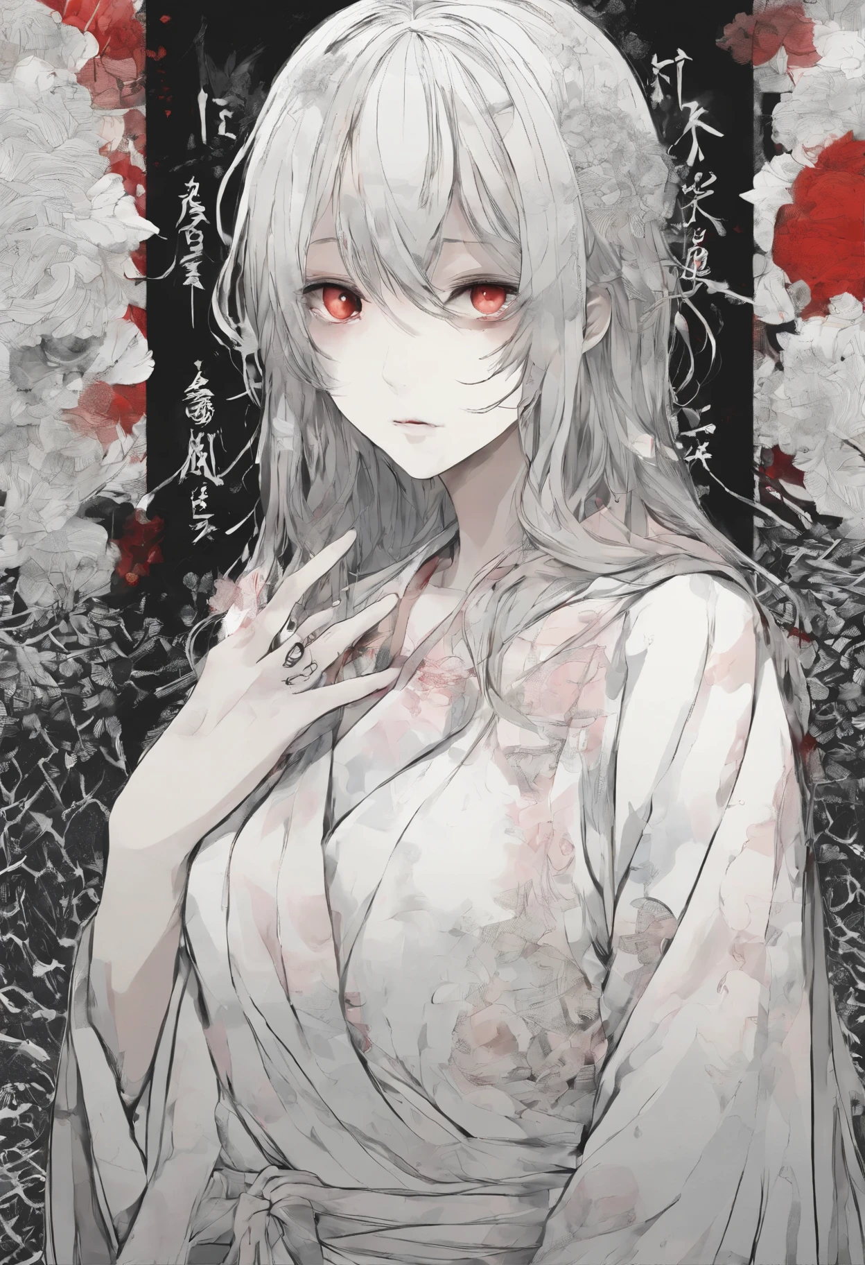 Anime girl with white hair and red eyes in a white dress - SeaArt AI